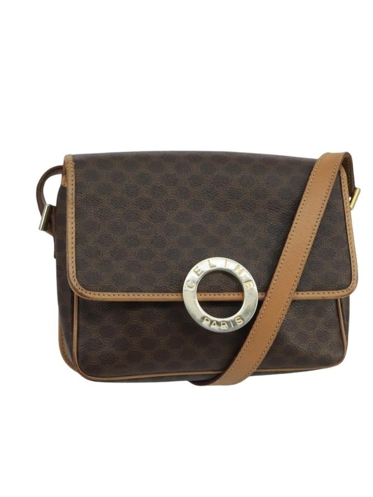 Authentic Celine Macadam Canvas Circle Shoulder Bag Brown